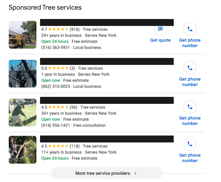 Search for tree service near me on Google, showing the sponsored businesses at the very top with ratings and a call button